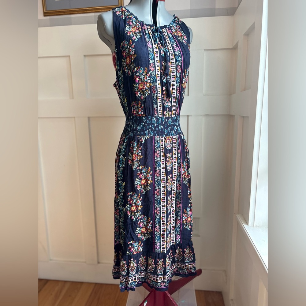 Bila Navy Floral-Stripe Smocked Midi Dress XXL Summer Boho